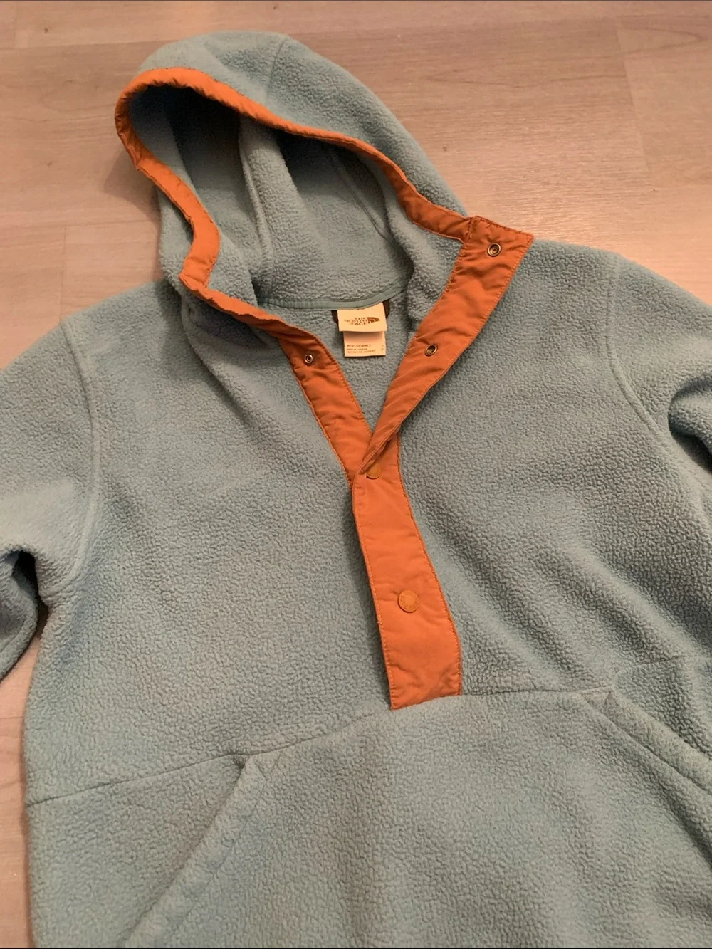 The North Face Teal Blue Hooded Fleece with Brown Trim